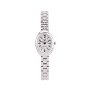 Silver watch with a white face on a white background