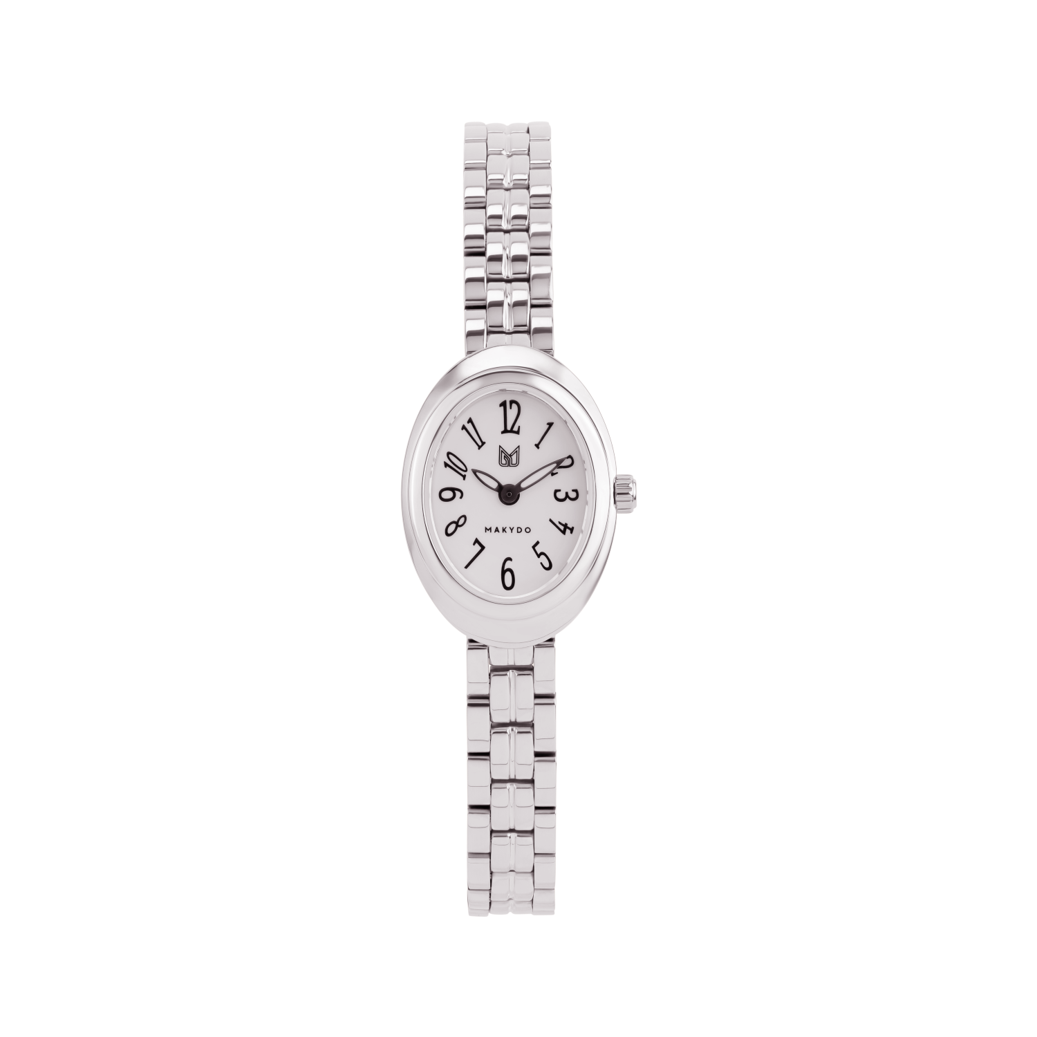 Silver watch with a white face on a white background