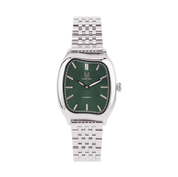 Watch with green face and silver metal strap on white background