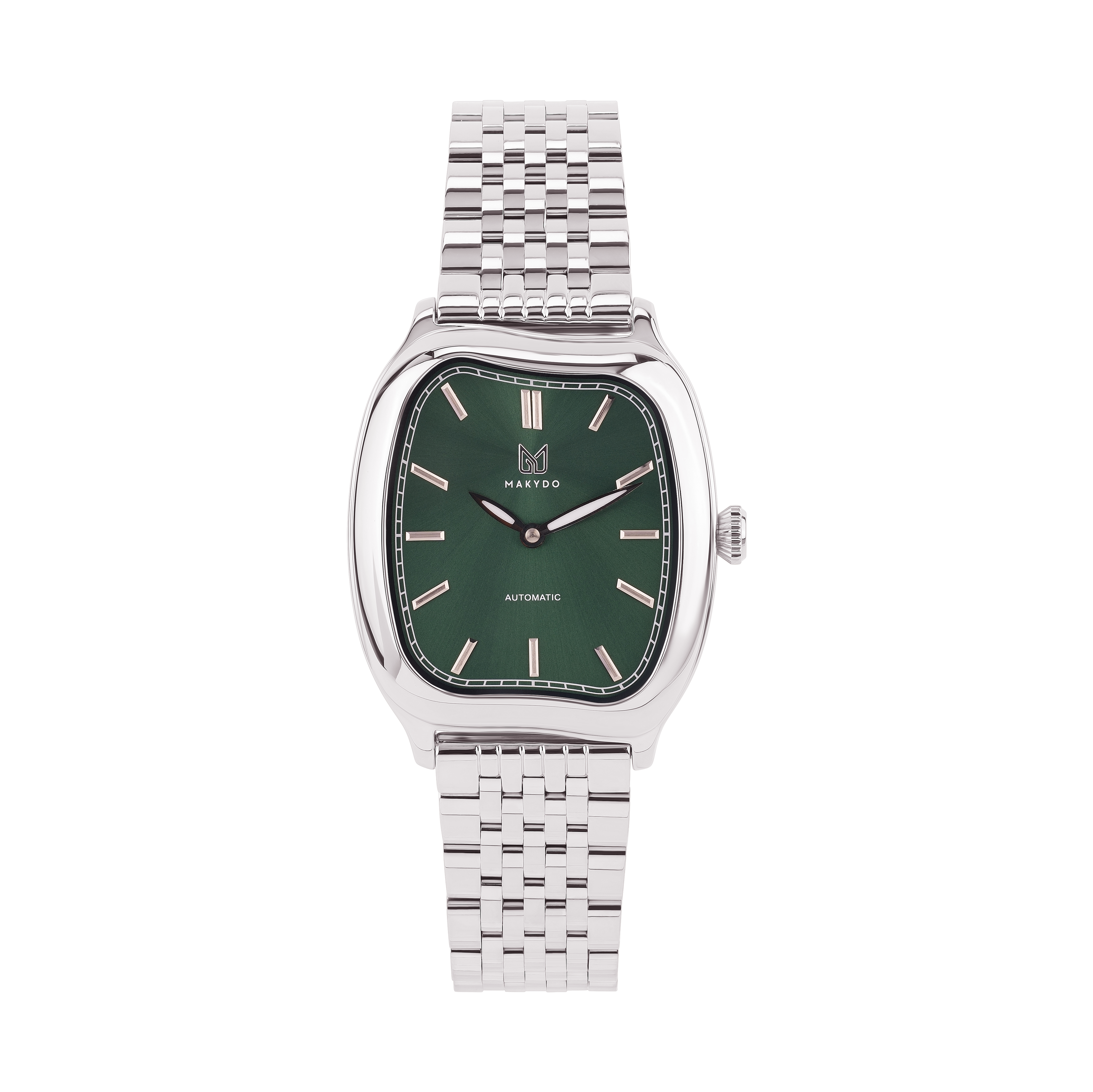 Watch with green face and silver metal strap on white background