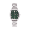 Watch with green face and silver metal strap on white background