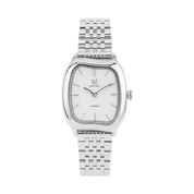 Silver watch with a white face on a white background