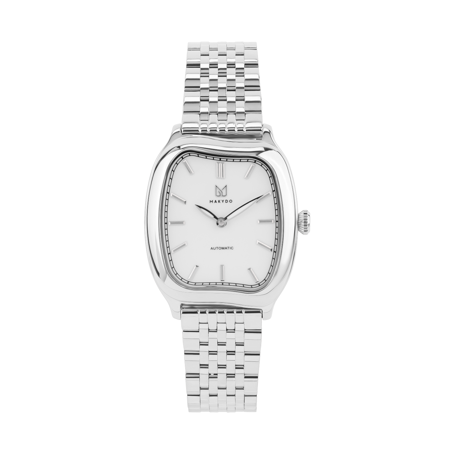 Silver watch with a white face on a white background