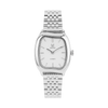 Silver watch with a white face on a white background