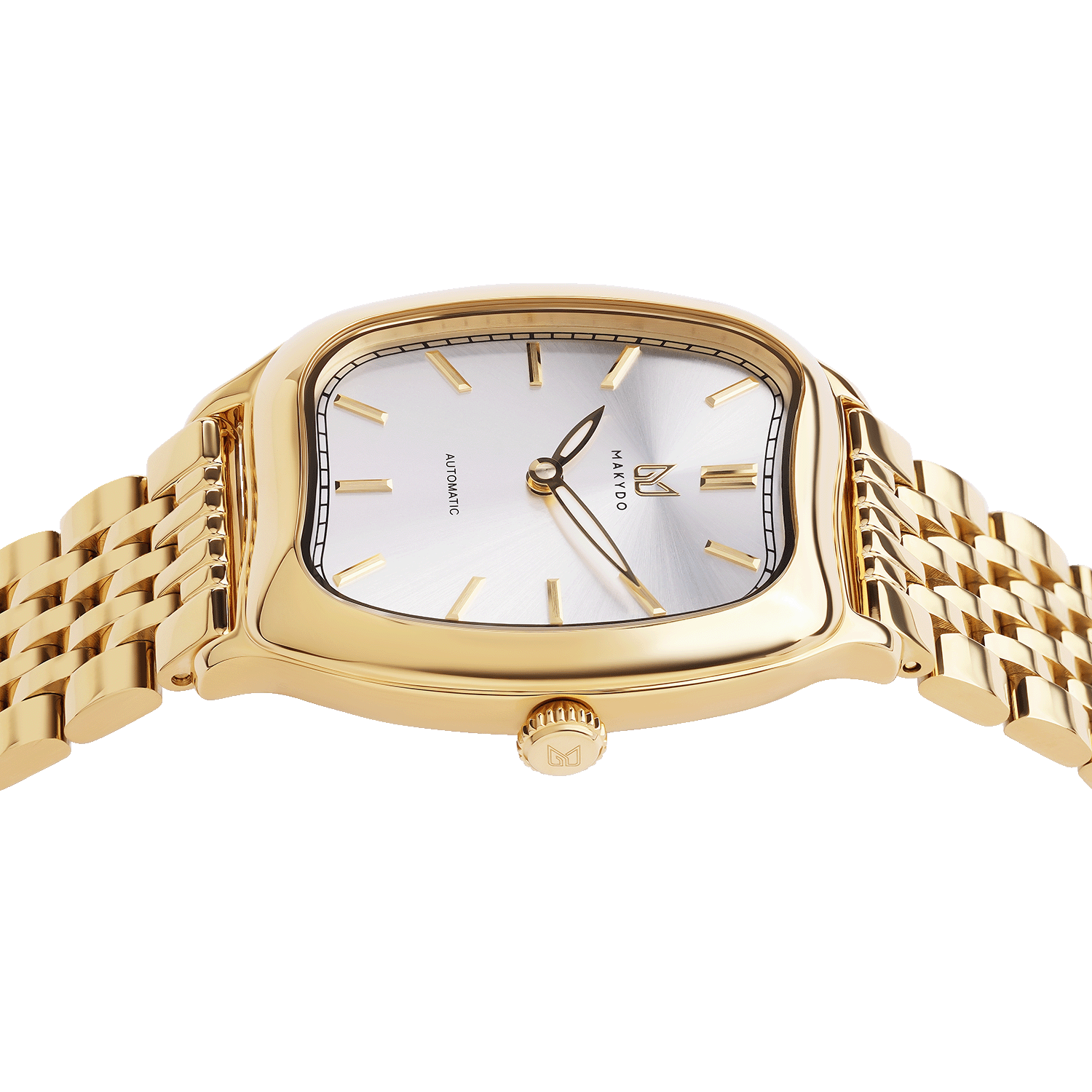 Gold wristwatch with a white face on a white background