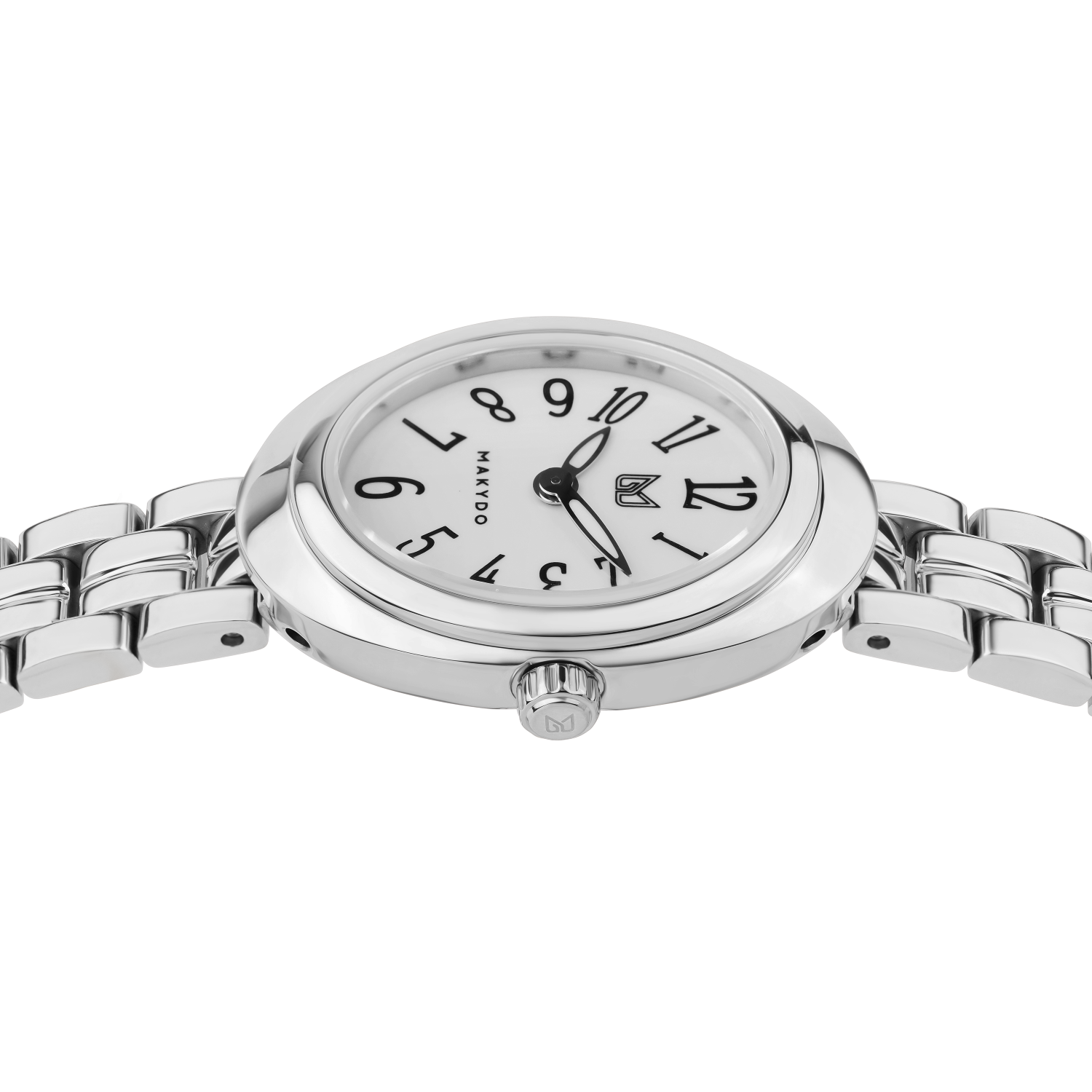Silver watch with a white face on a white background