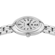 Silver watch with a white face on a white background