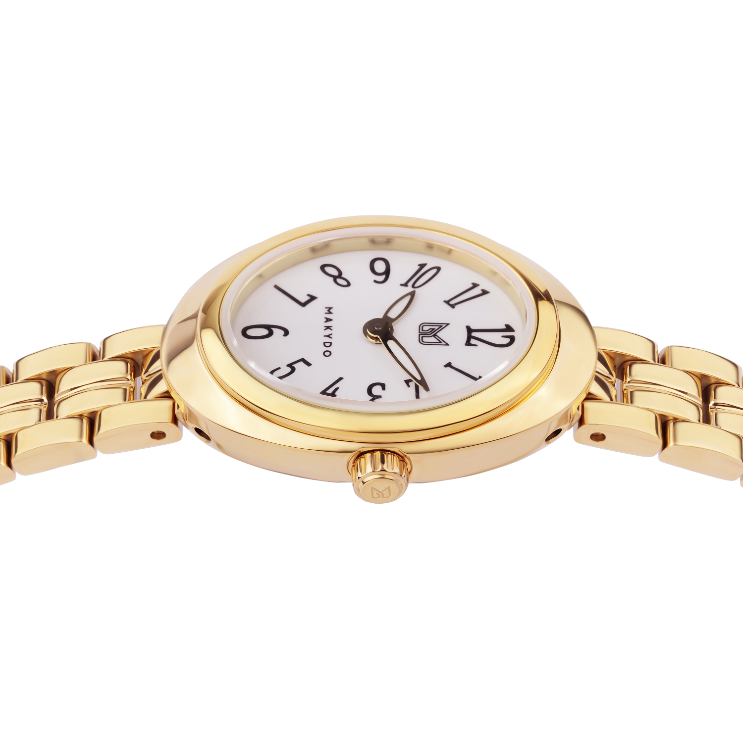 Gold wristwatch with a white face on a white background