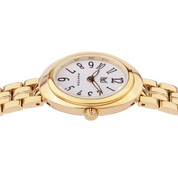 Gold wristwatch with a white face on a white background