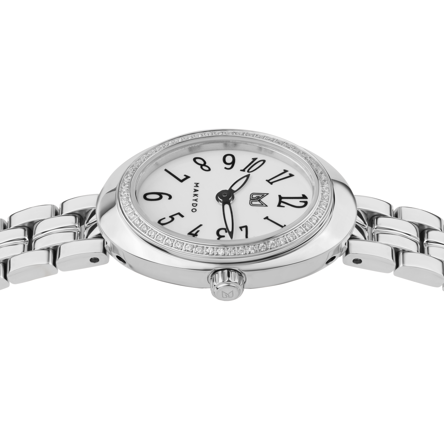 Silver watch with a white face on a white background