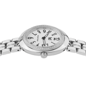 Silver watch with a white face on a white background