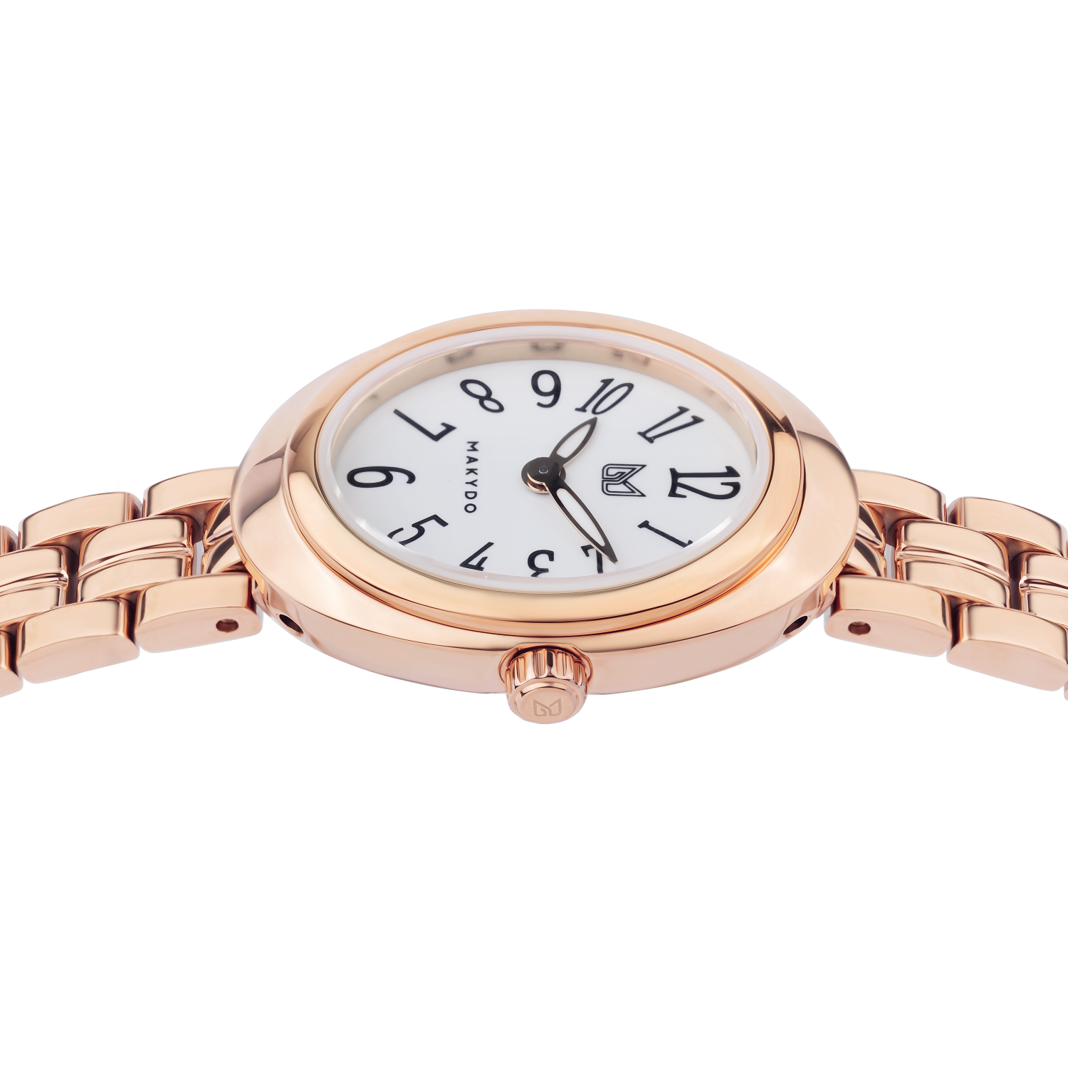 Rose gold watch with a white face on a white background
