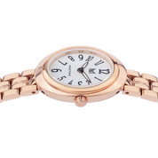 Rose gold watch with a white face on a white background