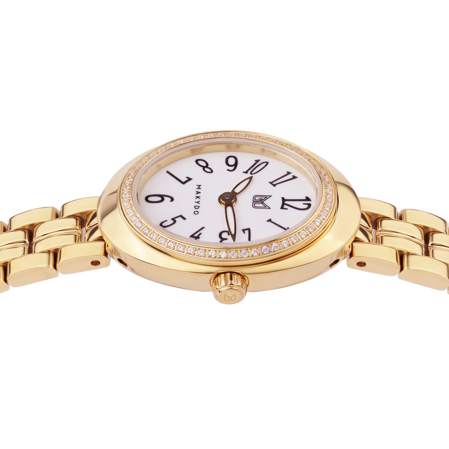 Gold wristwatch with a white face on a white background