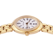 Gold wristwatch with a white face on a white background