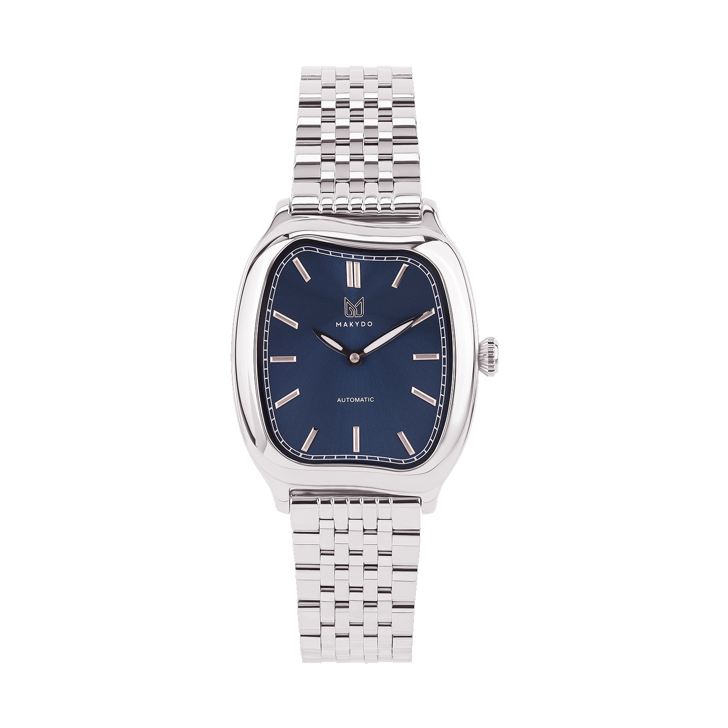 Wristwatch with blue dial and silver metal strap on a white background