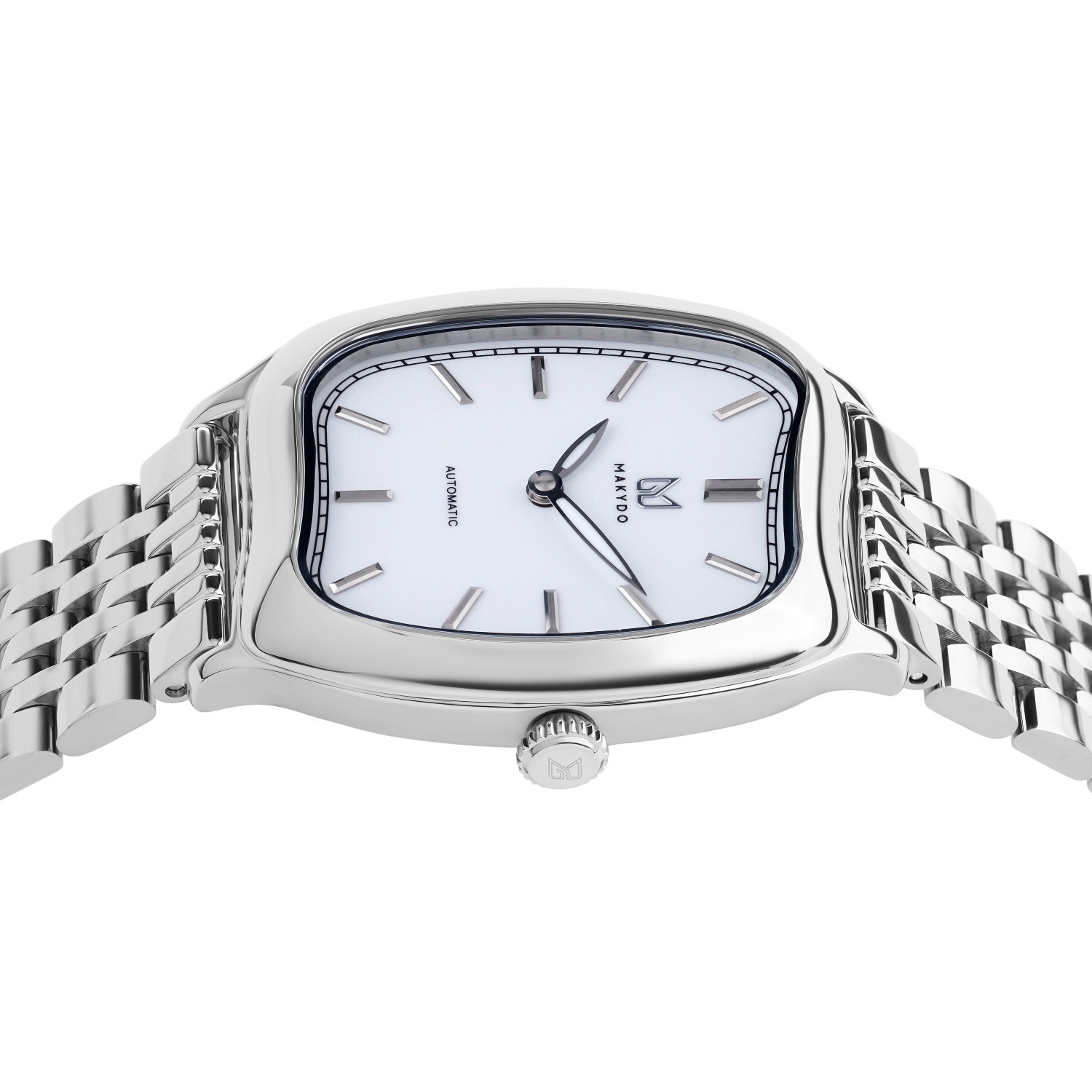 Silver watch with a white face on a white background