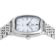 Silver watch with a white face on a white background