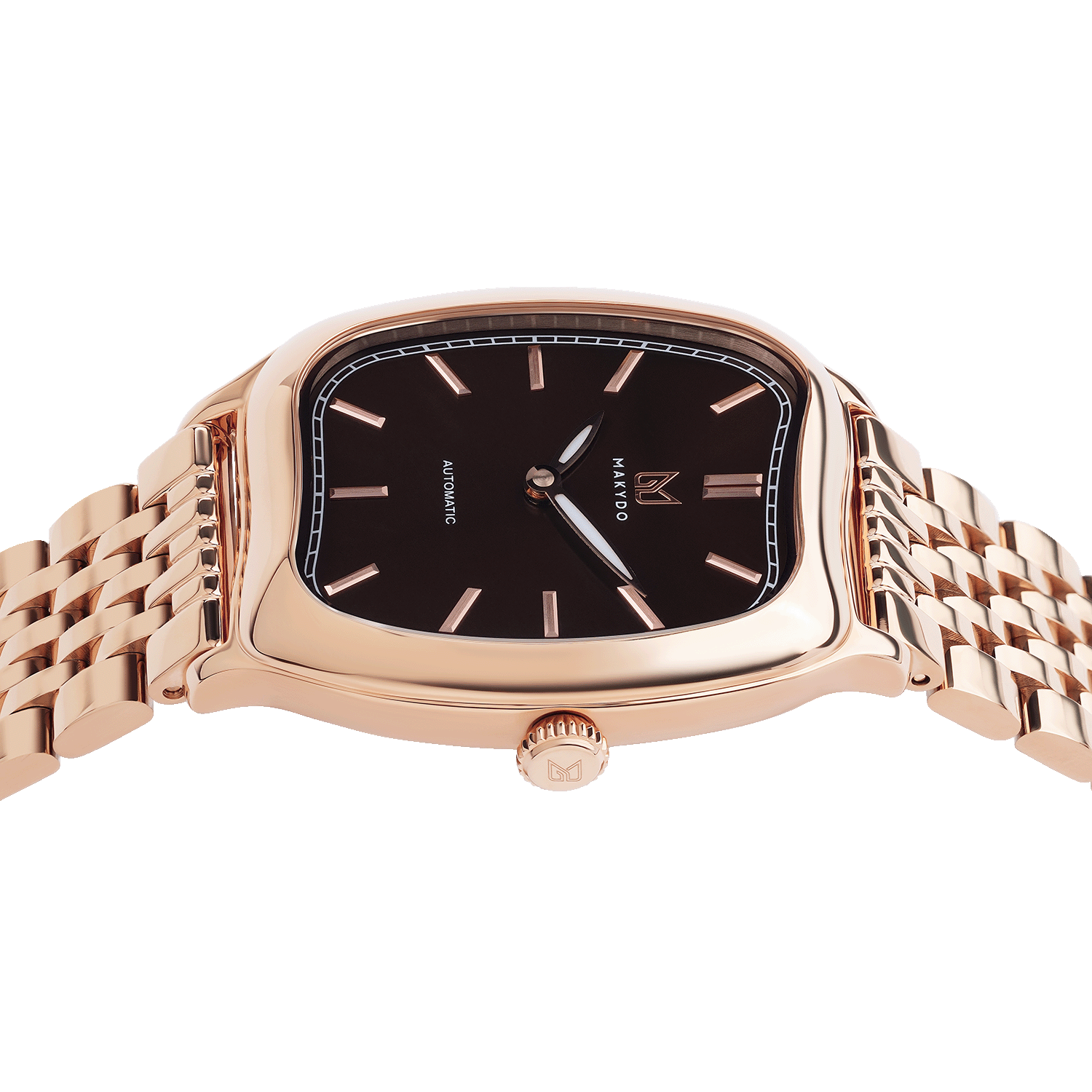 Rose gold watch with black dial on a white background