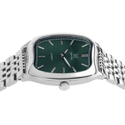 Silver watch with a green face on a white background