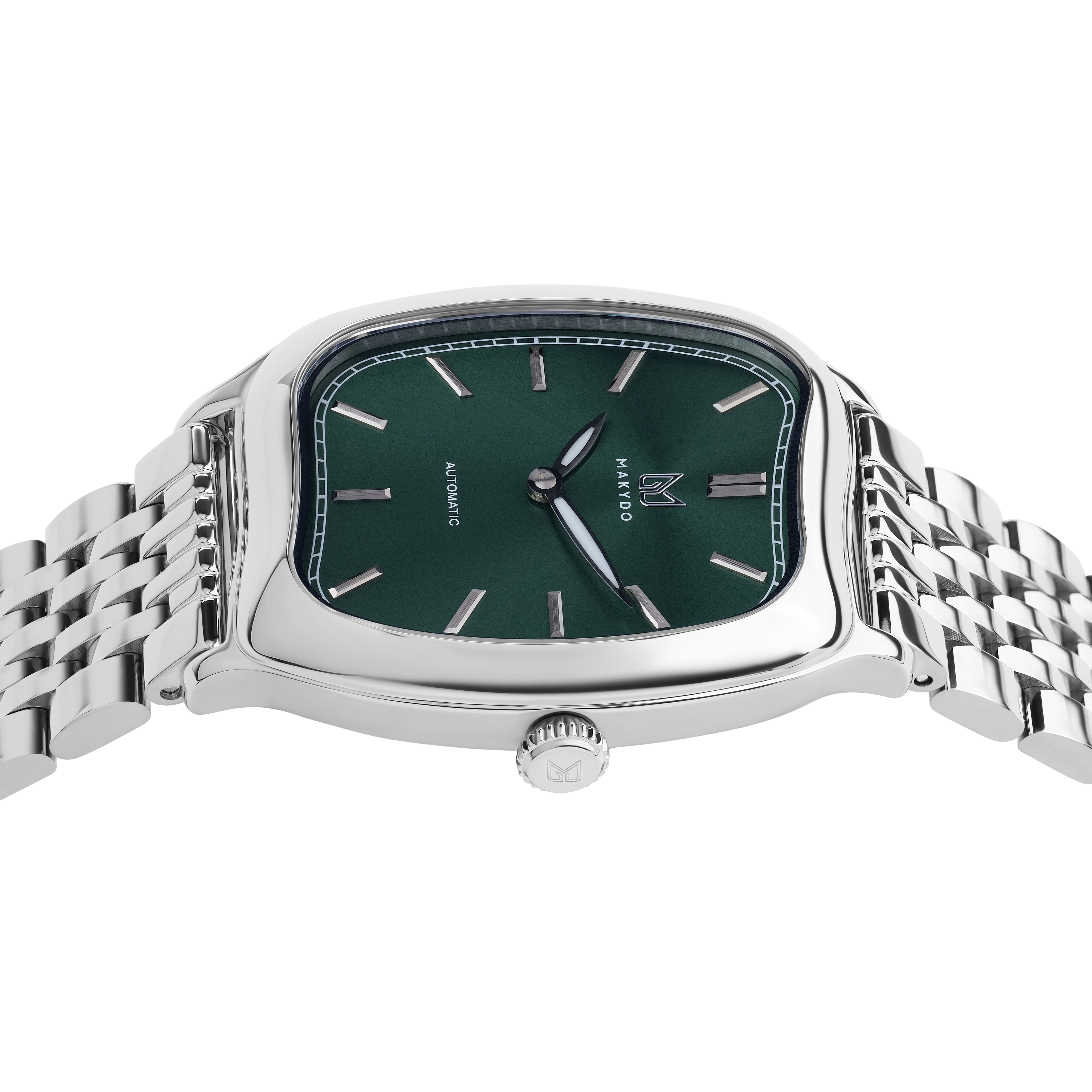 Silver watch with a green face on a white background