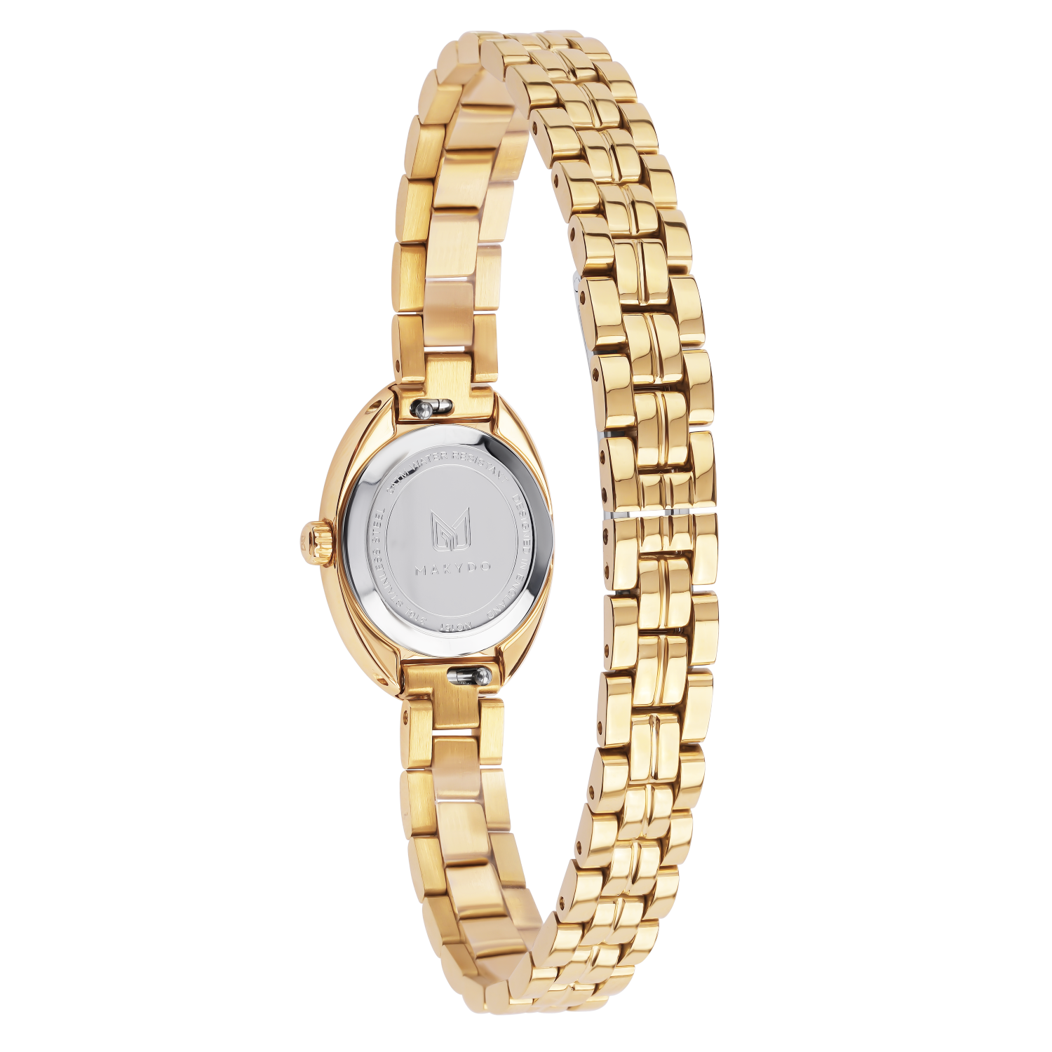 Gold watch with a white face on a white background