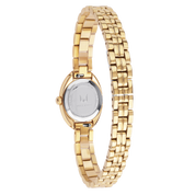 Gold watch with a white face on a white background