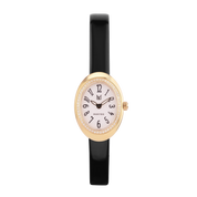 Wristwatch with black band and gold case on a white background