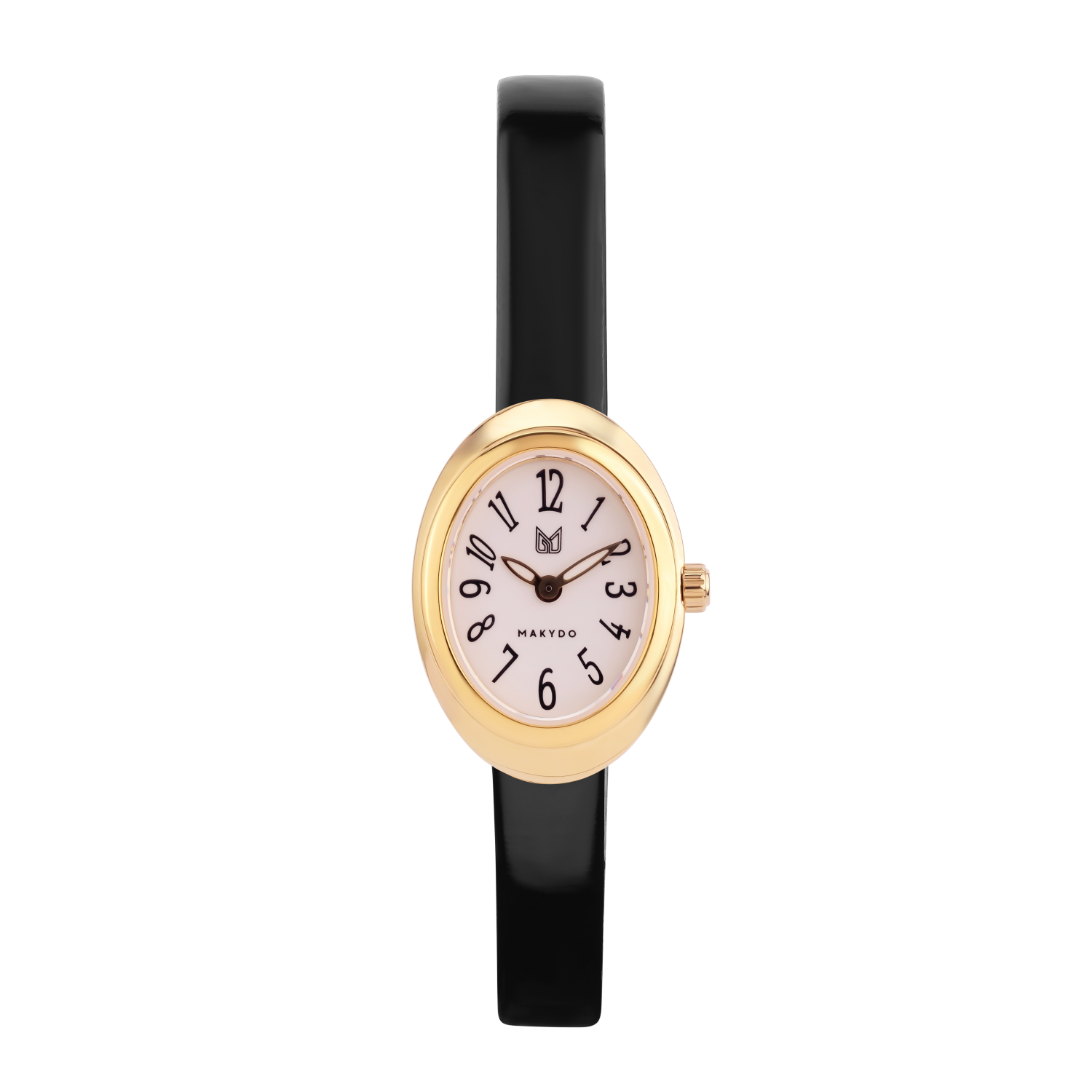 Wristwatch with black band and gold case on a white background