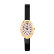 Wristwatch with black band and gold case on a white background