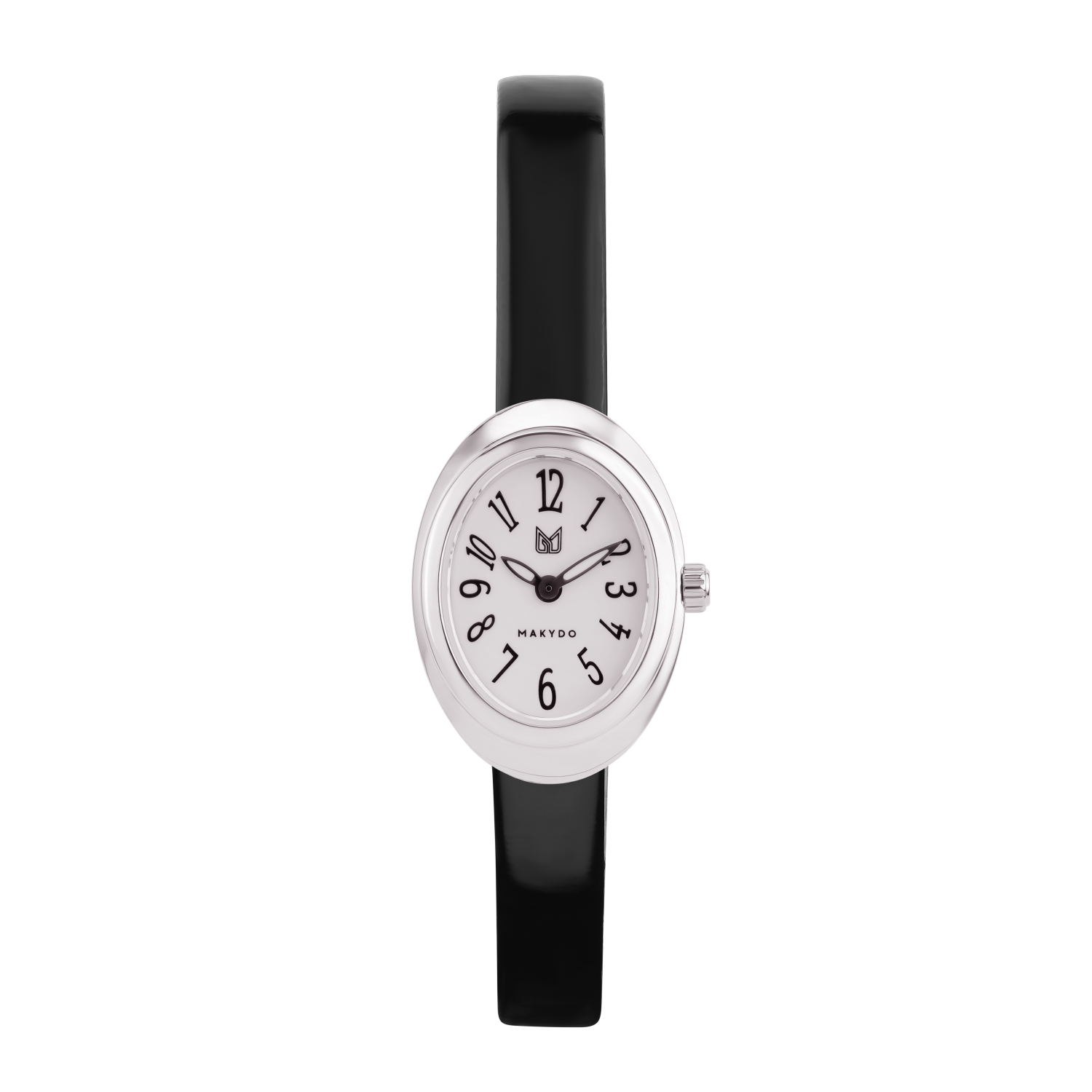 Wristwatch with black band and rose gold case on a white background