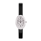 Wristwatch with black band and rose gold case on a white background