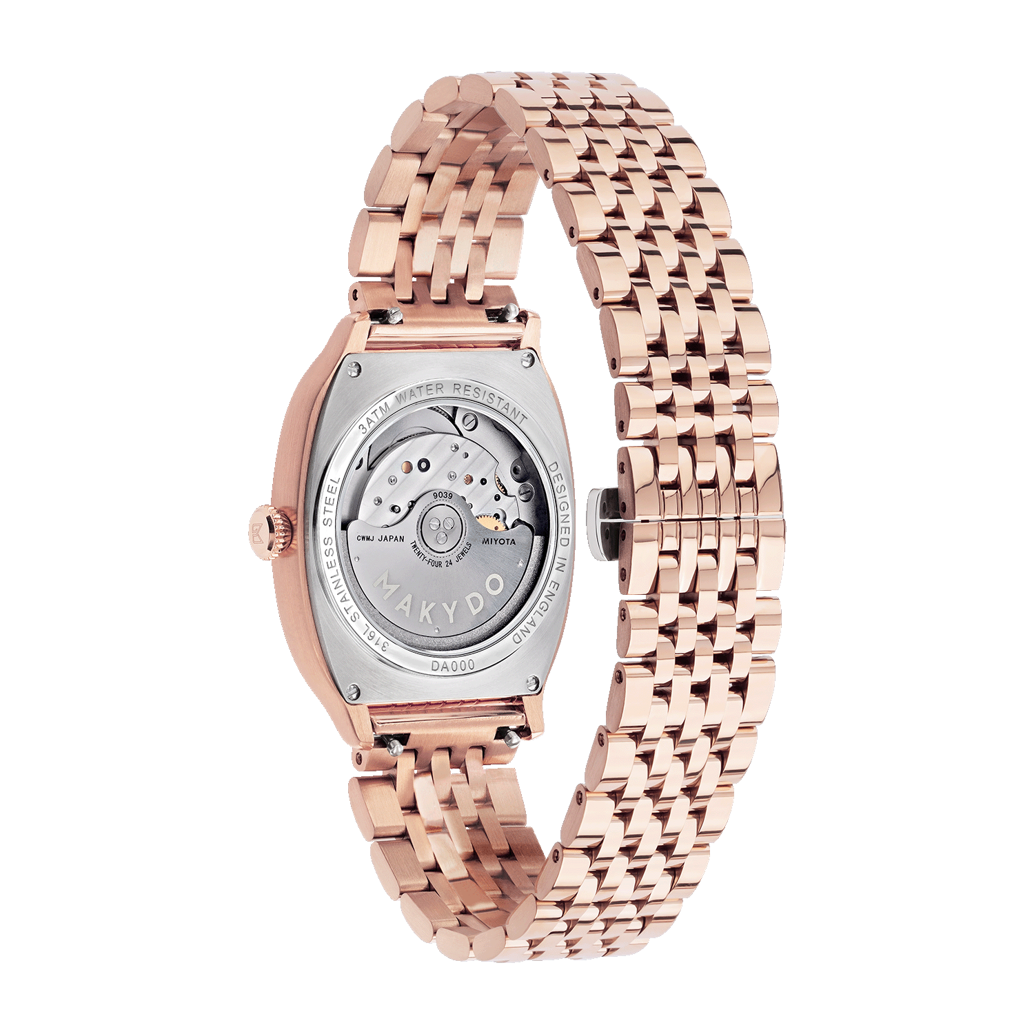 Rose gold watch with a detailed face on a white background