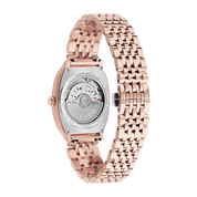 Rose gold watch with a detailed face on a white background