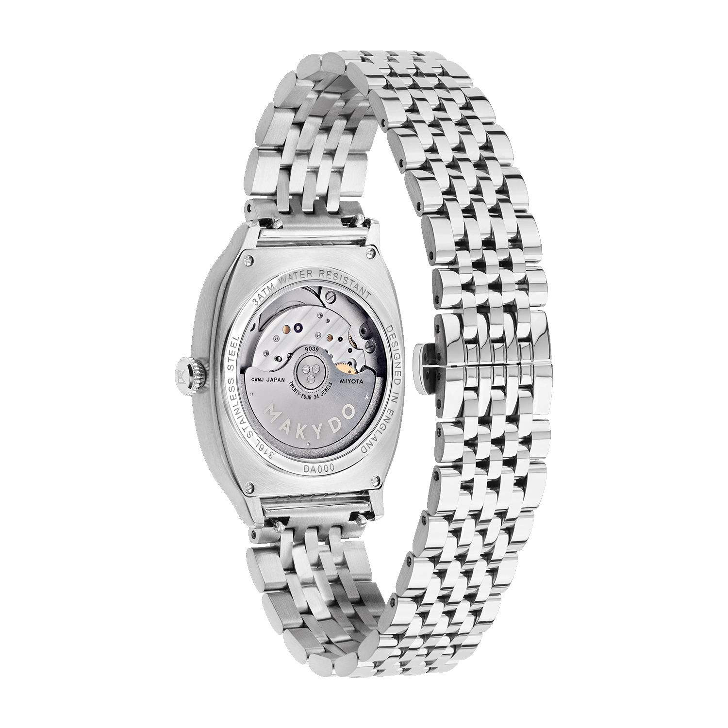 Silver watch with a detailed metal band on a white background