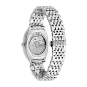 Silver watch with a detailed metal band on a white background