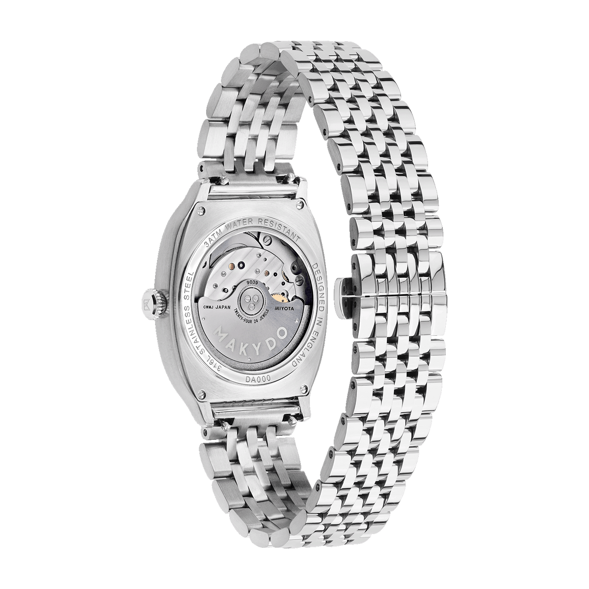 Silver watch with a detailed metal band on a white background