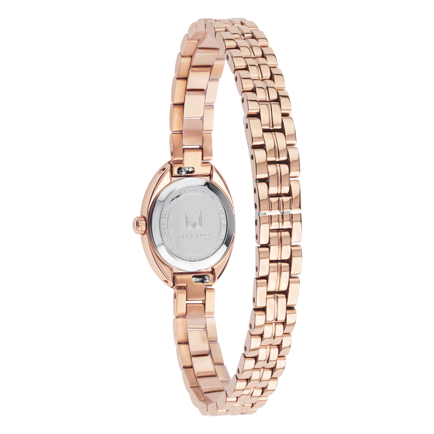 Rose gold watch with a white face on a white background