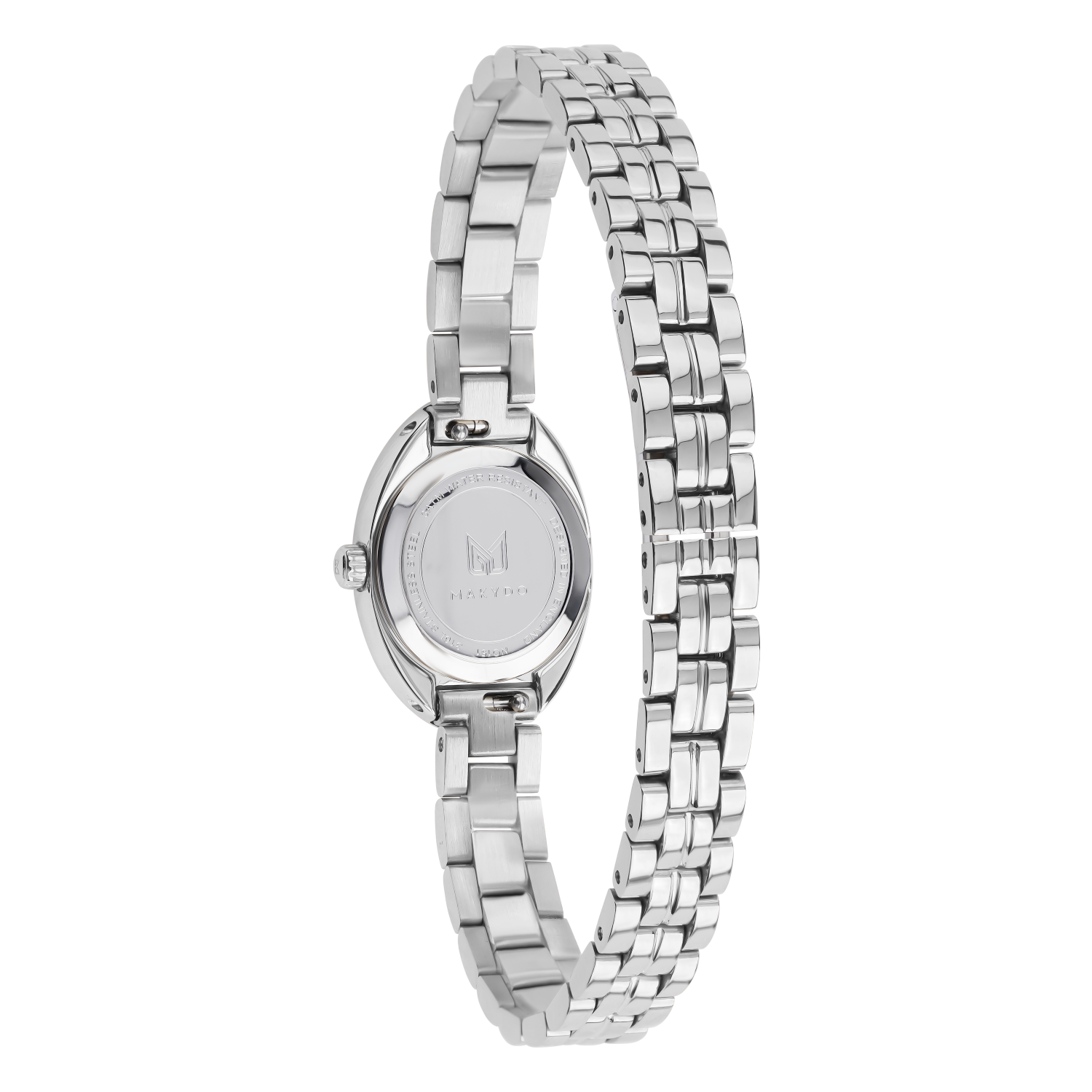 Silver watch with a woven bracelet on a white background