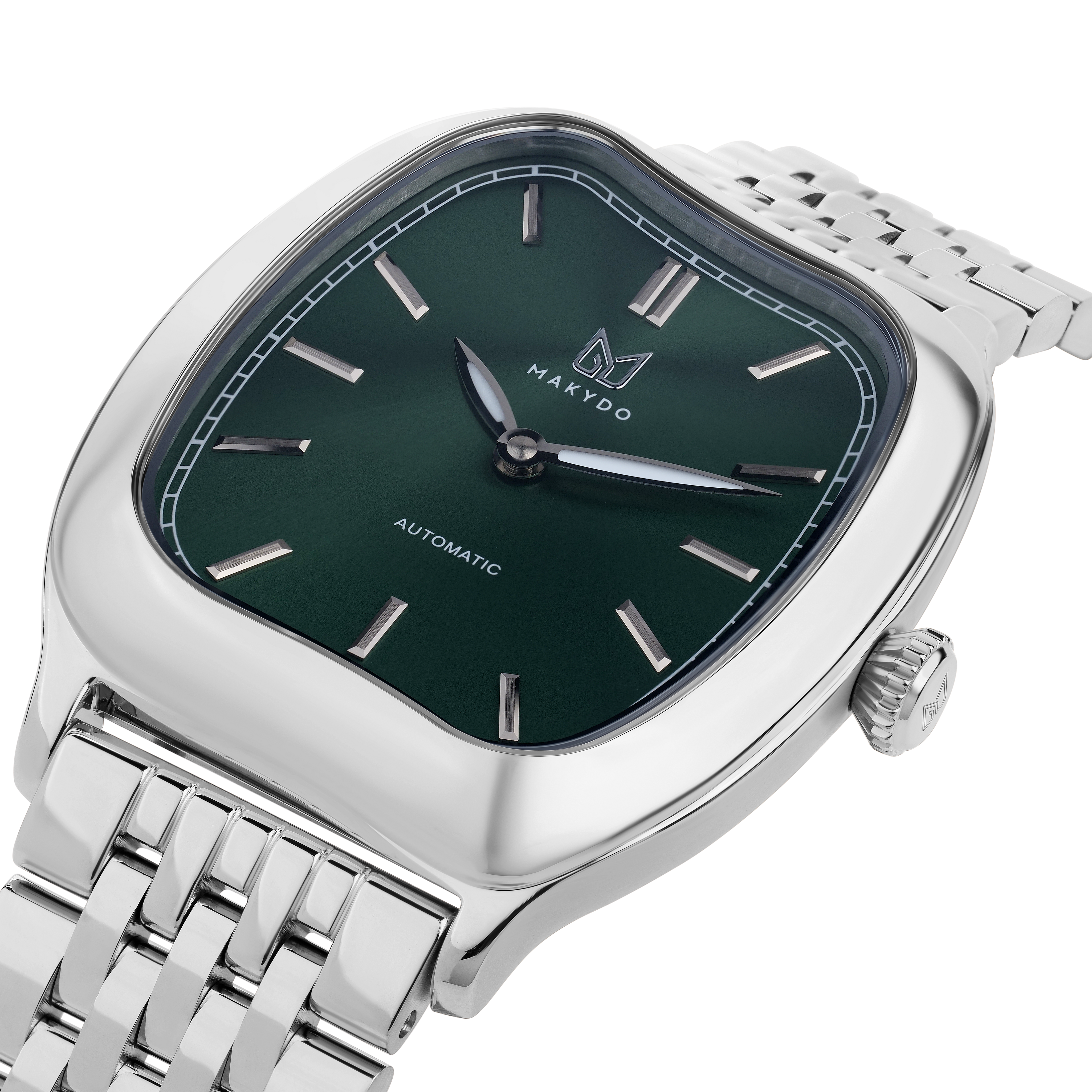 Silver watch with green dial on a white background