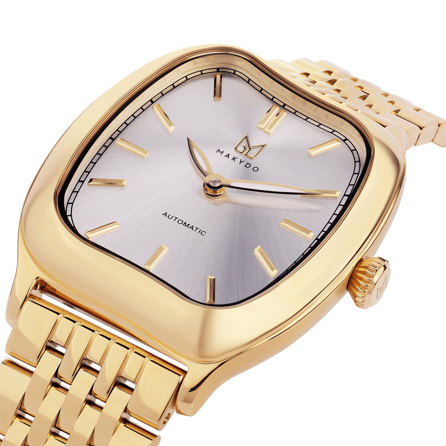 Gold wristwatch with a silver face on a white background