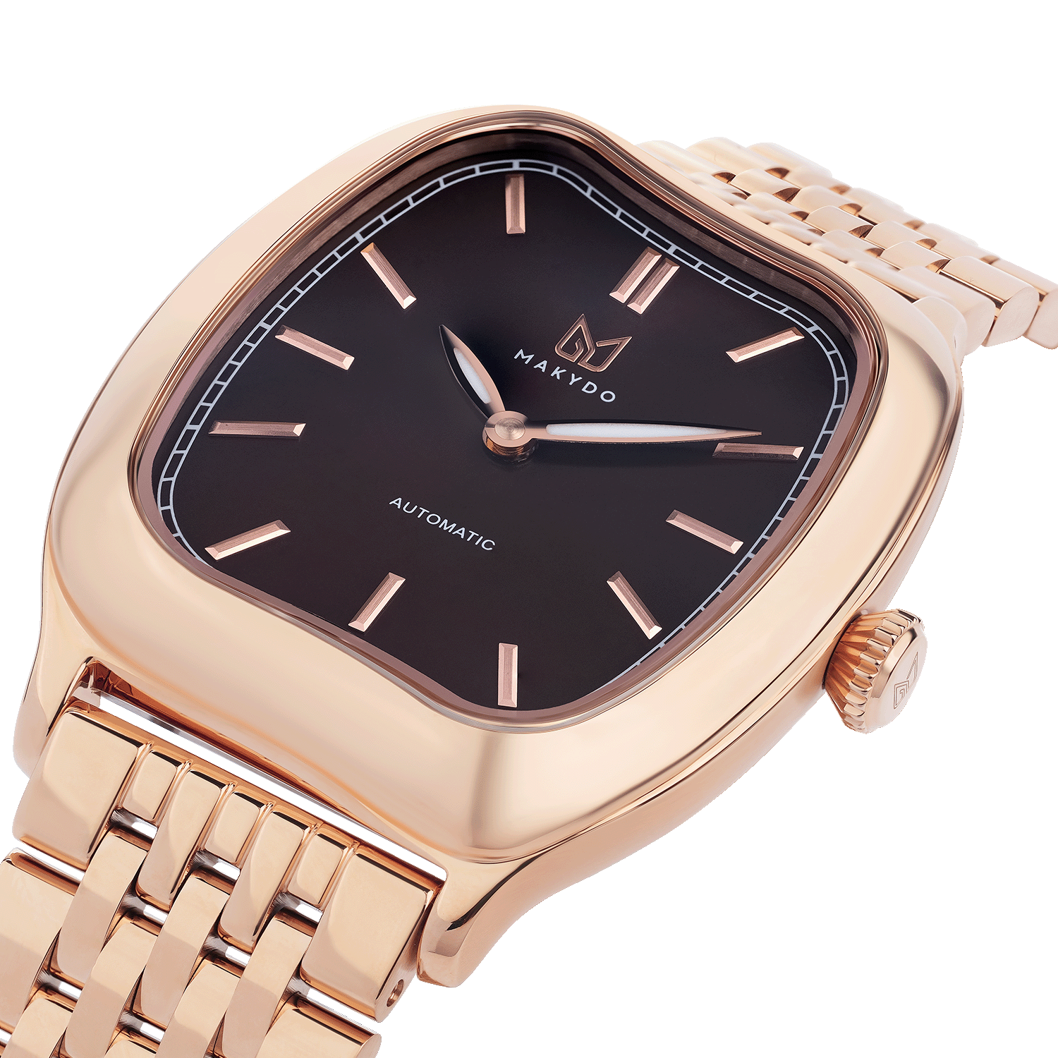 Rose gold watch with black dial on a white background