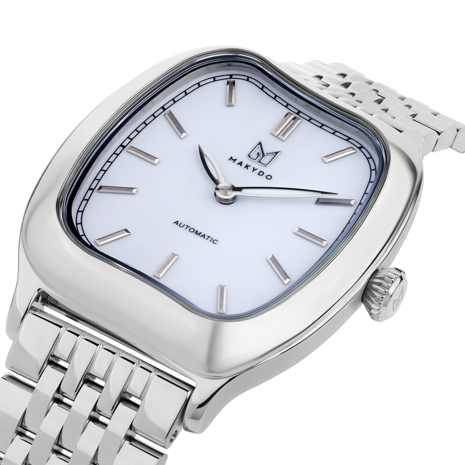 Silver watch with a white face on a white background