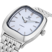 Silver watch with a white face on a white background