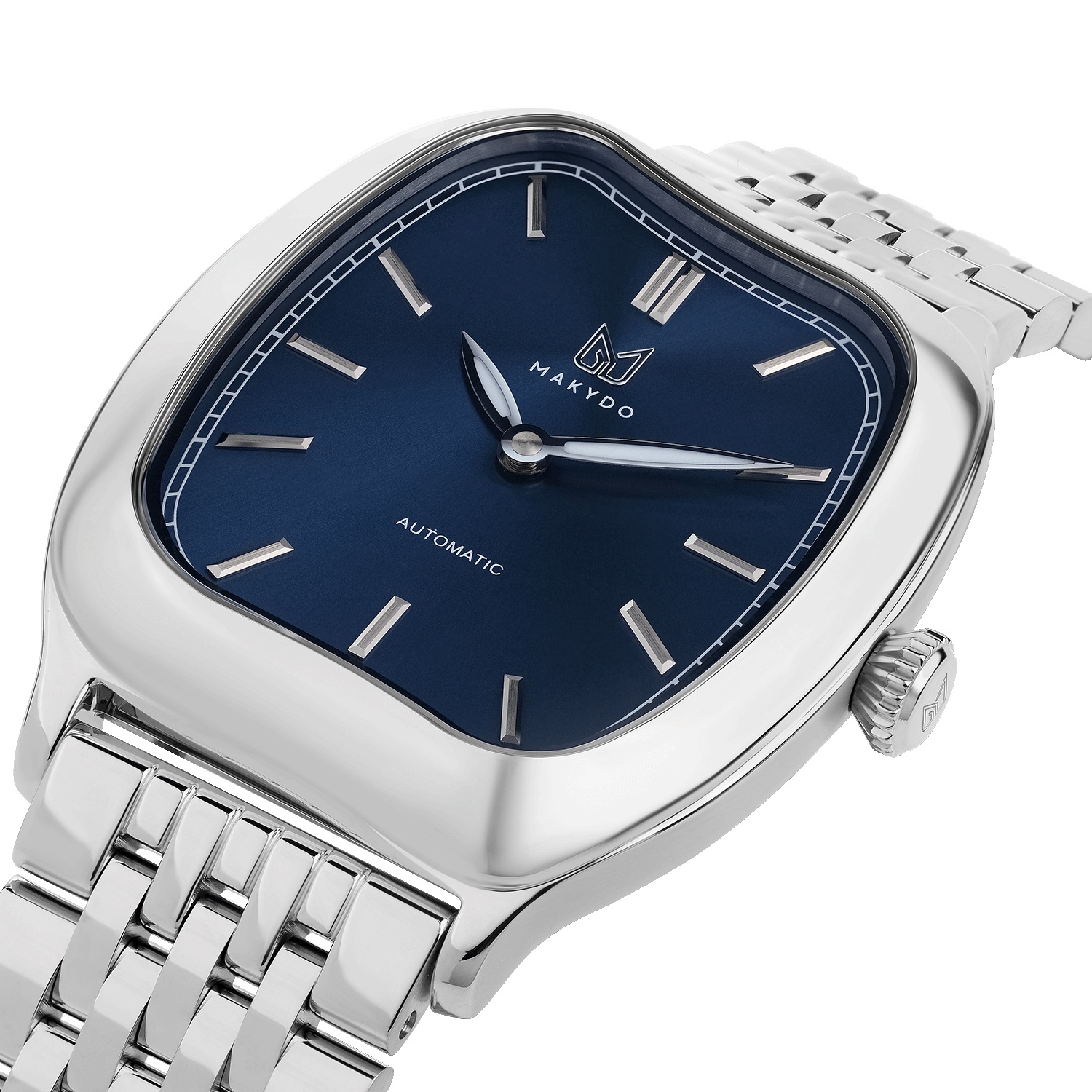 Silver watch with blue dial on a white background