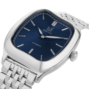 Silver watch with blue dial on a white background
