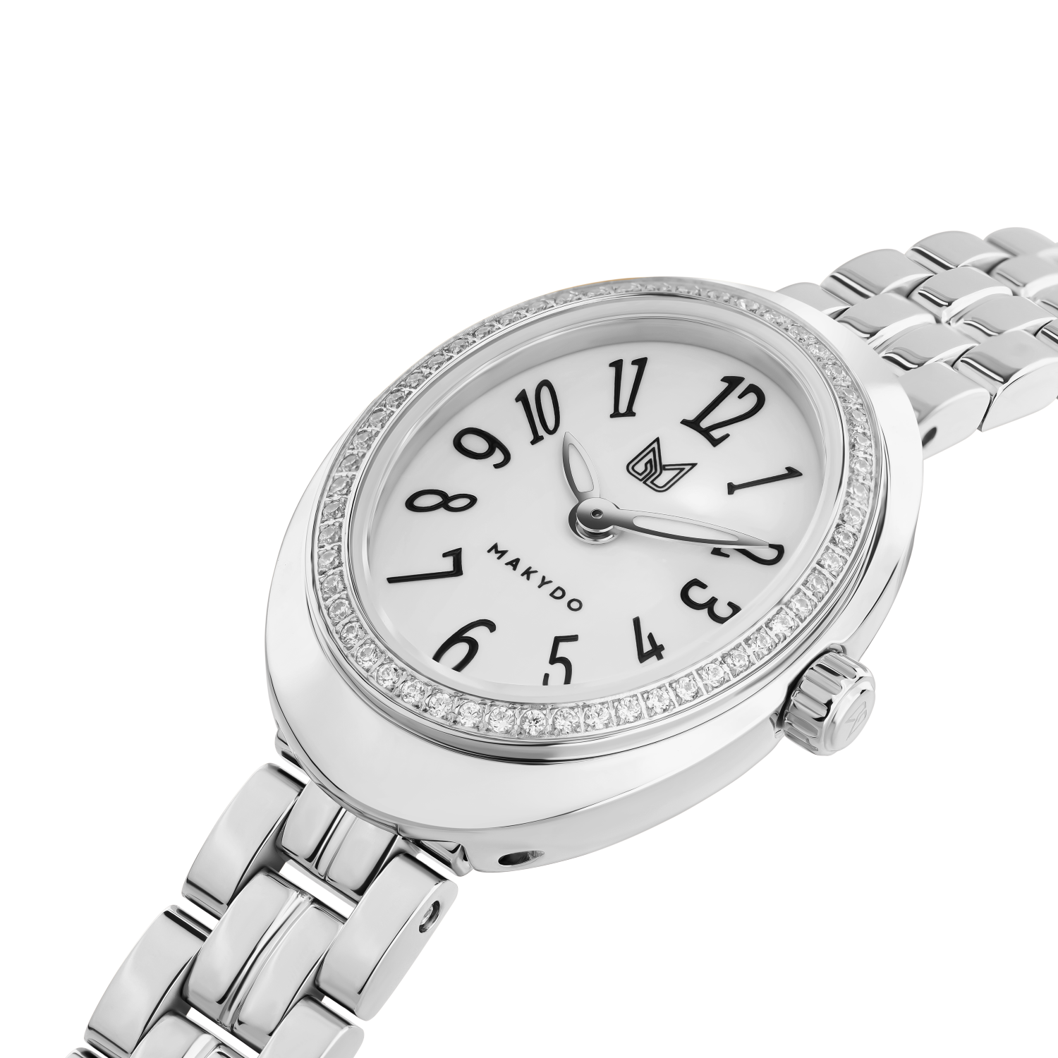 Silver watch with white face on a white background