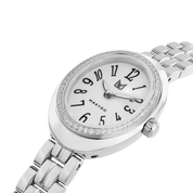 Silver watch with white face on a white background