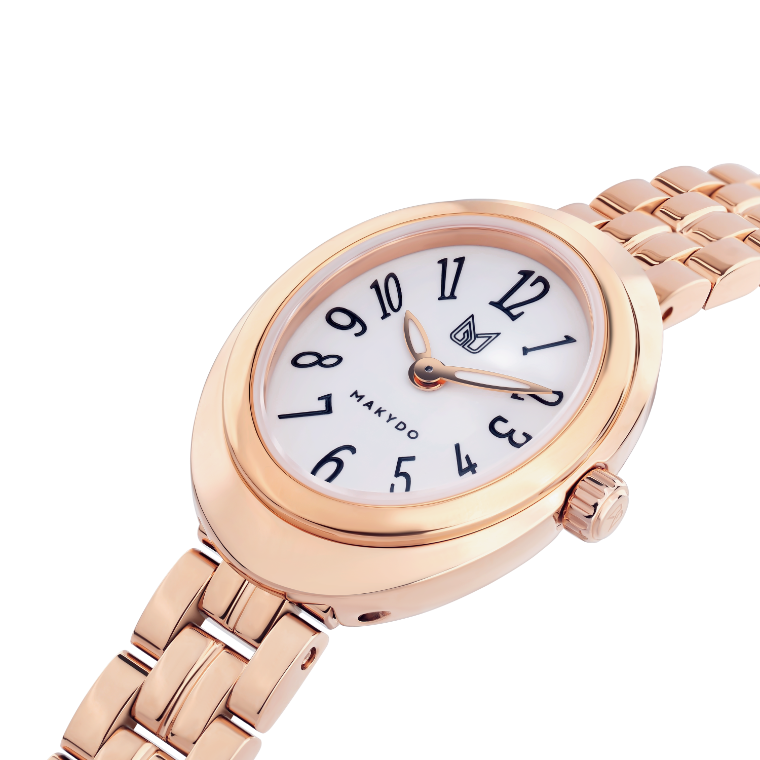 Rose gold watch with white dial on a white background