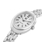 Silver watch with white face on a white background